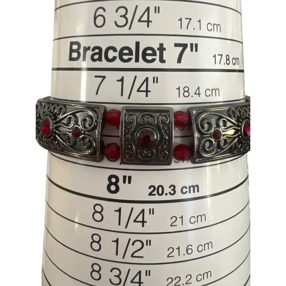 Vintage Gunmetal Panel Stretch Bracelet Red Cabochon Beads .5" Wide Estate 7.5" - Picture 4 of 5
